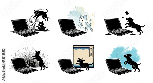 Domestic cats and dogs interacting with laptop computer in various playful scenes black white color watercolor pop art comic book style vector illustration