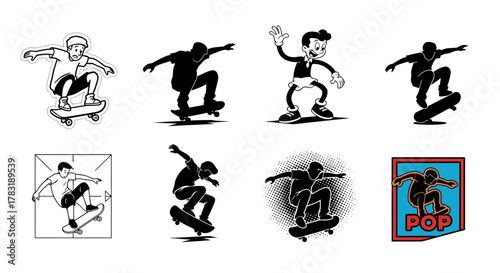 Skateboarder performing tricks in various styles including outline silhouette cartoon and pop art dynamic poses vector illustration