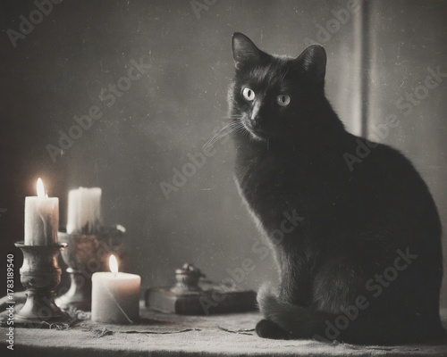 vintage black cat Halloween portrait, vintage black cat with candlelight, Halloween gothic cat portrait, grainy Halloween aesthetic photo