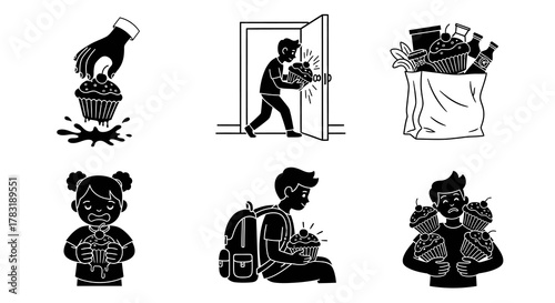 Collection of black and white illustrations depicting people interacting with cupcakes, showing various actions like dropping, carrying, eating, and holding multiple desserts
