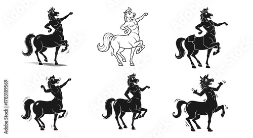 Set of various black and white centaur illustrations, showcasing different poses and artistic styles of the mythical half-human, half-horse creature in action