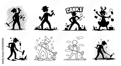 Series of black and white illustrations featuring a person in a hat, using a broom or rake to clean up messes like broken glass and spilled liquids, in various artistic interpretations