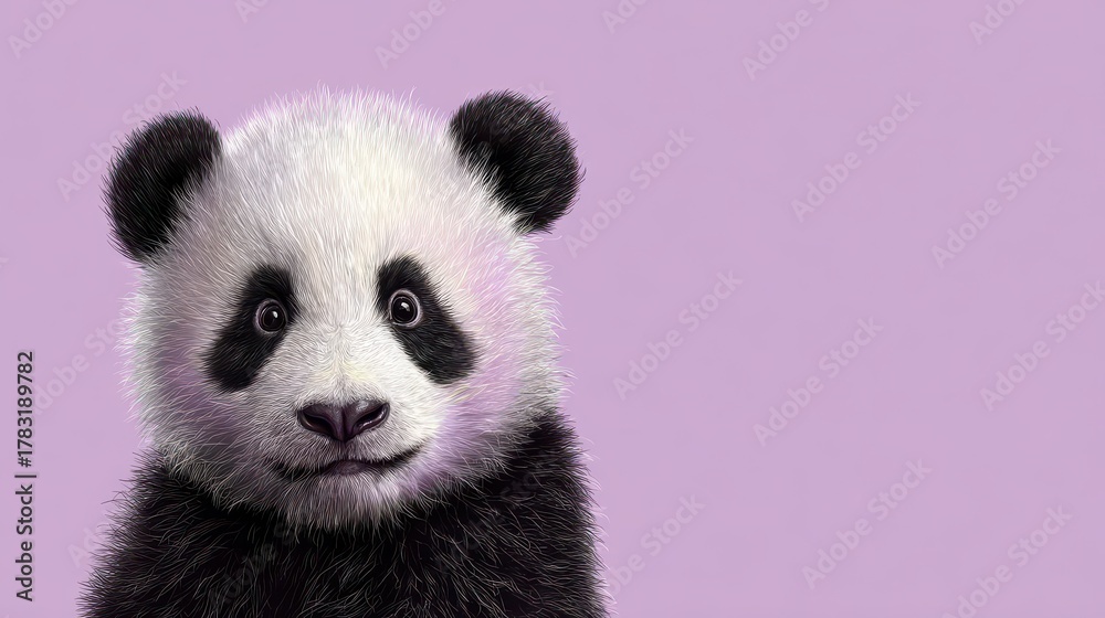Obraz premium Close-up portrait of a cute baby panda with black and white fur against a plain purple background, realistic rendering