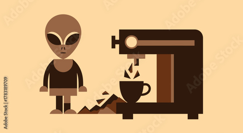 Brown alien standing next to a broken espresso machine spilling coffee grounds and beverage in flat geometric style on a light brown background