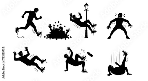 Collection of six silhouettes of people slipping falling and getting injured in various accidental scenarios black and white isolated on white background