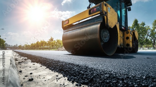 Heavy machinery compressing asphalt on a construction site under a bright sun and clear skies with trees in the background