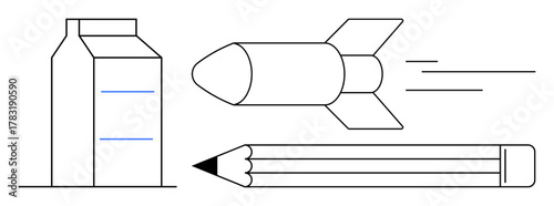 Rocket in motion alongside pencil and milk carton. Ideal for education, innovation, sustainability, productivity, brainstorming, childhood, technological progress. A simple flat metaphor