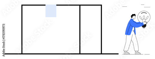 Person walking with light bulb representing creativity and ideas next to minimalist frame. Ideal for innovation, inspiration, thought leadership, brainstorming, problem-solving, design, creativity