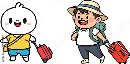Happy cartoon travelers walking with luggage, adventure journey, vacation trip, summer travel, exploration, tourism, holiday fun, happiness, excitement, freedom