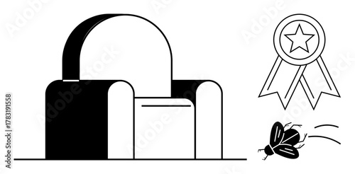 Armchair with arch design, award ribbon with star, and flying insect in motion. Ideal for comfort, success, recognition, pest control, relaxation achievement minimalism. Simple flat metaphor