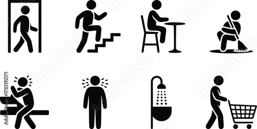 Black and White Pictograms Representing Daily Activities Such as Shopping, Cleaning, and Showering