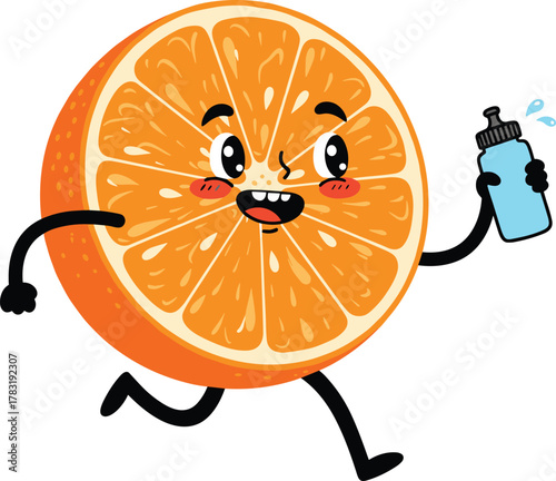 orange, fruit, cartoon, running, fitness, health, exercise, cute, character, vitamin, energy, lifestyle, sport, hydration, happy, fresh, wellness, juice