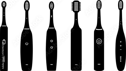 a row of various black electric toothbrushes, vector, white background, simple minimalist clean design, bold outlines, flat illustration

