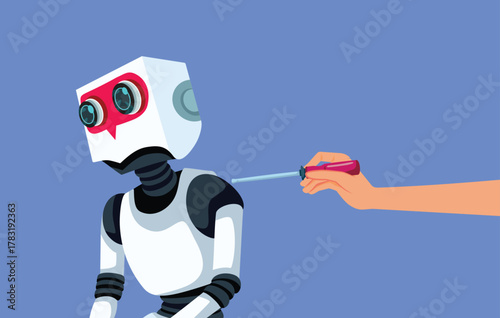 Human Holding Screwdriver Repairing a Robot Vector Illustration. Engineer trying to repair a broken malfunctioning cyborg 
