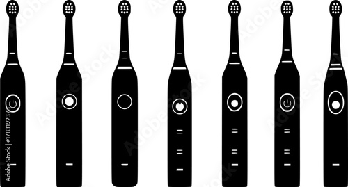 a row of various black electric toothbrushes, vector, white background, simple minimalist clean design, bold outlines, flat illustration

