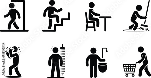 Pictogram Set Showing Everyday Activities Walking, Stairs, Sitting, Sweeping, Showering, Shopping, Lightbulb Changing