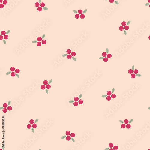 Red currant with leaf seamless pattern. Illustration of red berry and leaf vector template for textile, fabric, wallpaper, wrapping paper, card, and phone cases.