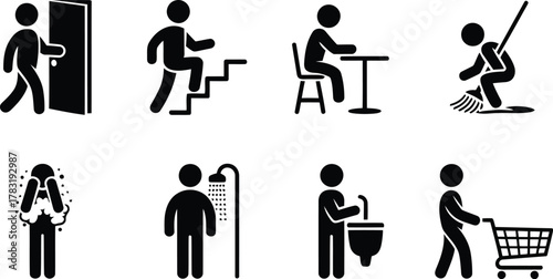 Stick Figures Depicting Daily Activities Entering Door, Stairs, Sitting, Cleaning, Showering, Washing Hands, Shopping Cart
