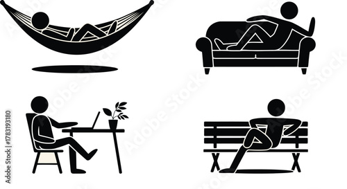 Stick Figures Relaxing Hammock, Couch, Desk with Laptop, and Park Bench in Black