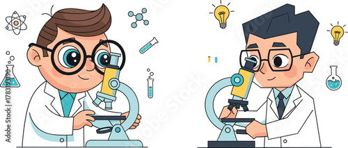 Two young scientists working with microscopes in laboratory, science research, innovation, discovery, chemistry, biology, experiment, education, teamwork, curiosity