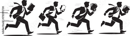 Silhouettes of businessmen running with briefcases and documents in a hurry