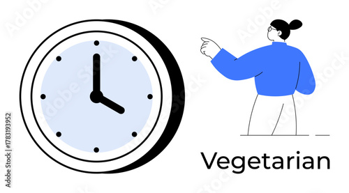 Minimalist design of a clock and a woman pointing with text Vegetarian. Ideal for time management, healthy lifestyle, food habits, diet planning, routine, nutrition awareness, simple flat metaphor