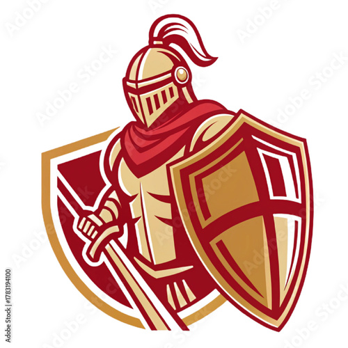 Shield Guardian Mascot Logo Vector, Flat Esport or Corporate Emblem Design with Solid Red‑Gold Fills and Clean Outline, Transparent Background

