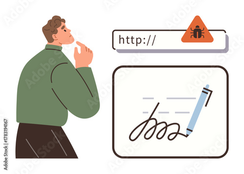 Thoughtful man analyzing malware warning above a URL bar and digital signature form. Ideal for cybersecurity, technology, online safety, digital fraud, privacy, secure authentication, and hacking. A
