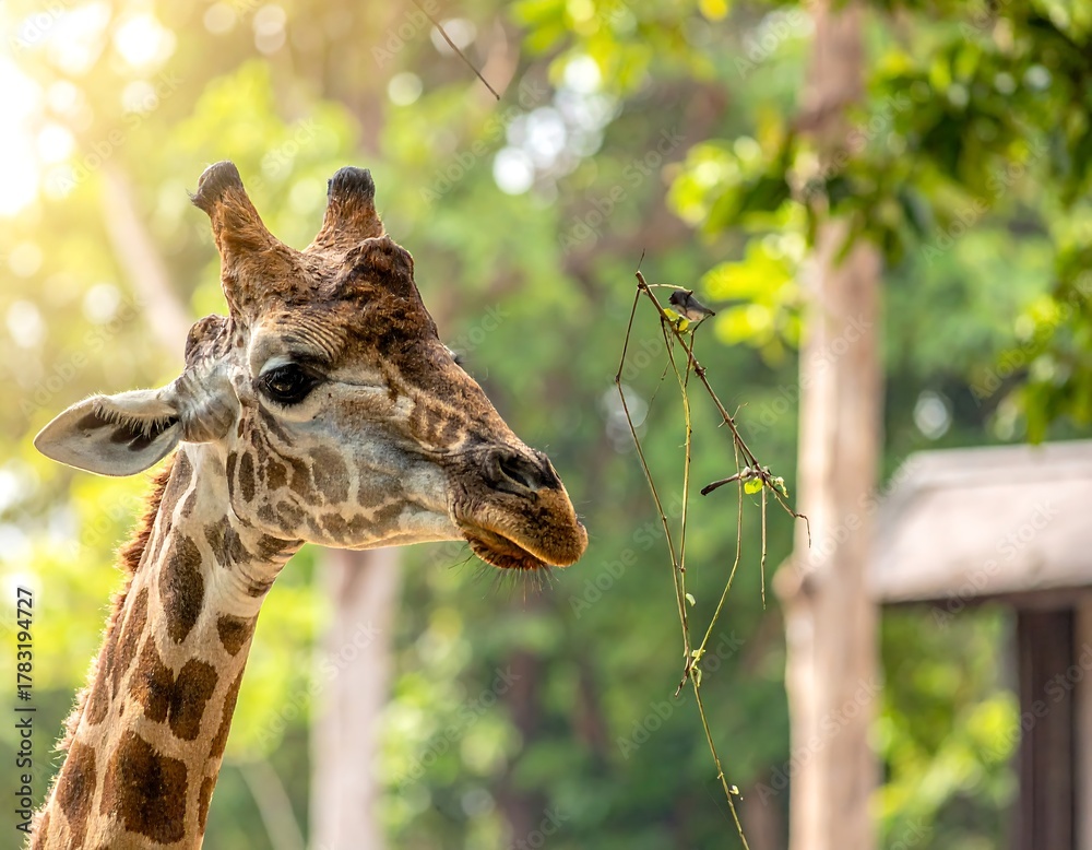 Obraz premium Close-up of a giraffe's head with a tiny bird perched on a branch in a bright, green environment