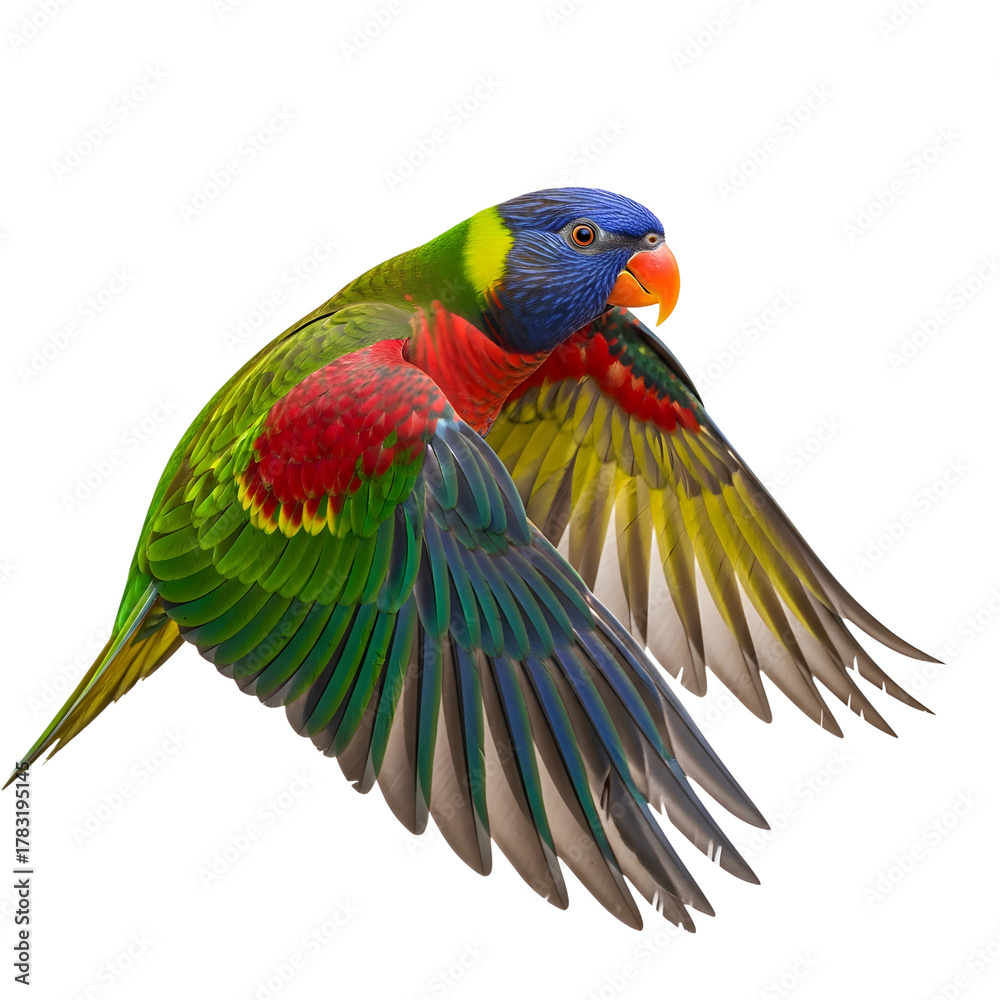 Obraz premium Rainbow lorikeet flies against transparent background with cutout effect in dynamic vibrant scene