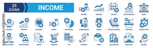 Income icon set. Containing money, tax, earnings, payment, accounting, paycheck, work, pension and wages icons. Blue icon collection. Vector illustration.