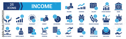 Income icon set. Containing money, tax, earnings, payment, accounting, paycheck, work, pension and wages icons. Solid icon collection. Vector illustration.
