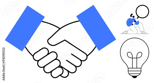Handshake symbolizing partnership, lightbulb for creativity, person investigating with magnifying glass. Ideal for business, teamwork, creativity, innovation, ideas, partnership problem-solving