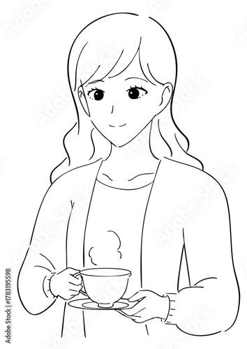 紅茶を飲む女性の白黒イラスト