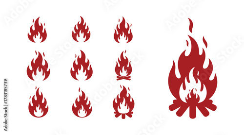 Set of fire flame silhouettes. Icons of bonfires, featuring both small and large bright fiery elements. A straightforward vector illustration of flaming elements.

