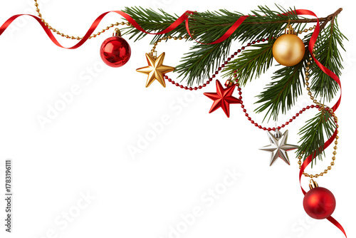 Festive Christmas tree branch adorned with red and gold ornaments, stars, and ribbons, creating a joyful holiday mood