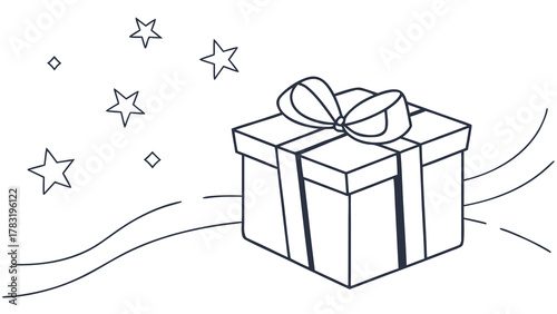 A line art drawing of a gift box with a bow, surrounded by stars and wavy lines, perfect for coloring.