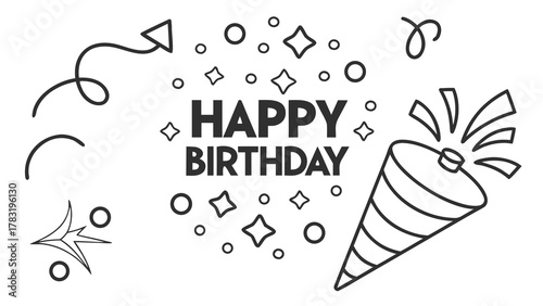 Black and white line art illustration of 'Happy Birthday' text surrounded by confetti, stars, and a bursting party popper, perfect for celebrations.