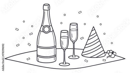 Black and white line drawing of a champagne bottle, two flutes, a party hat, and confetti, symbolizing celebration.