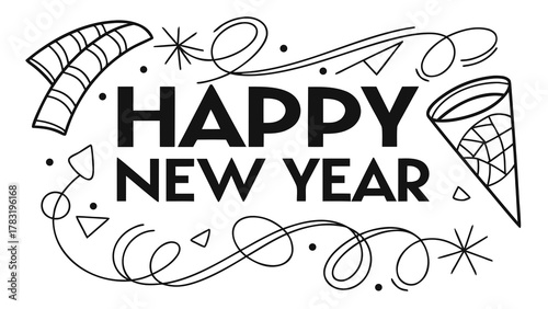 Black and white line art illustration wishing "Happy New Year" with festive party elements like streamers, confetti, and a party hat.