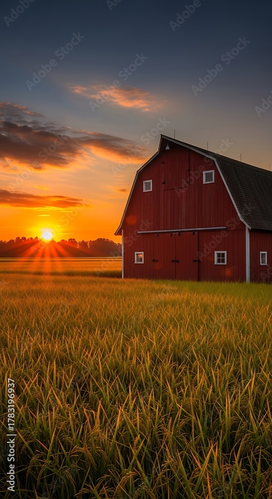 Obraz premium Sunset Over a Red Barn in a Golden Wheat Field.