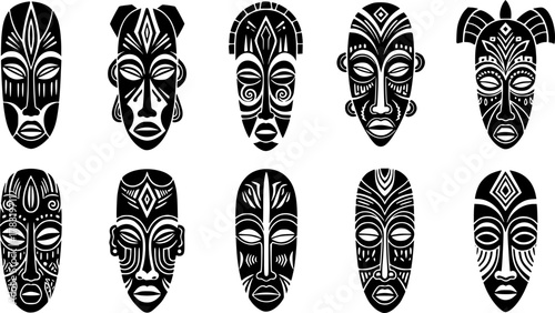 a variety of african masks, tribal masks, intricate designs, symmetrical patterns, dark silhouettes on white background, traditional art, vector 