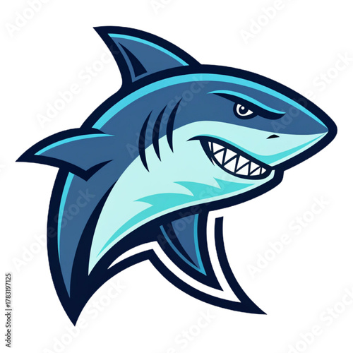 Blue Shark Mascot Logo Vector, Flat Esport Badge Design with Solid Navy and Light Turquoise Fills and Bold Black Outline, Transparent Background

