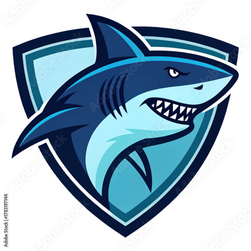 Blue Shark Mascot Logo Vector, Flat Esport Badge Design with Solid Navy and Light Turquoise Fills and Bold Black Outline, Transparent Background

