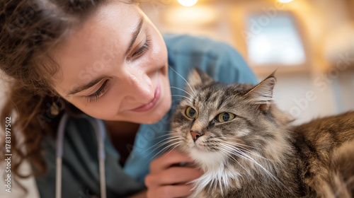 Female Veterinarian Petting a Cat. Healthy Pet on a Check Up Visit in Modern Veterinary Clinic with Happy Caring Doctor