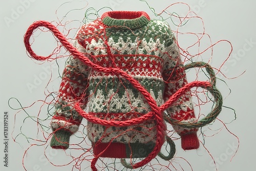 Sweater Knot Enigma, a surreal abstract ugly Christmas sweater as a knot of enigmatic yarn tendrils and patterned folly motifs, unraveling in a wardrobe of infinite loops