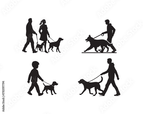 dog walking silhouette, person with dog vector, dog and owner silhouette, pet walking illustration, human and dog silhouette, man walking dog, woman walking dog, dog walking collection
