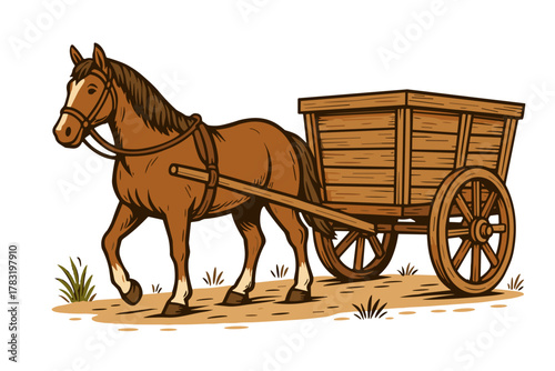 Brown horse pulling wooden cart, vintage farm illustration on white background, rural countryside transport