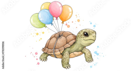Adorable turtle floating with colorful balloons creates a whimsical and joyful feeling, perfect for children's illustrations and playful designs