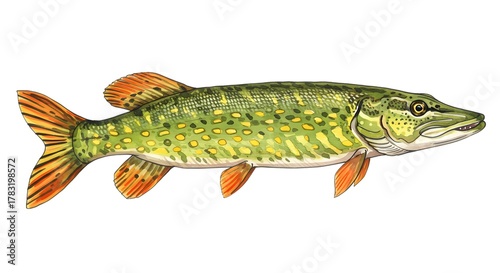 Detailed watercolor illustration of a northern pike fish, perfect for educational materials, fishing guides, or nature-themed designs showing wildlife